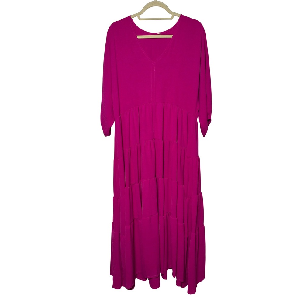 Hot Pink Tiered V-Neck Maxi Dress 3/4 Balloon Sleeve Size Large Made in USA